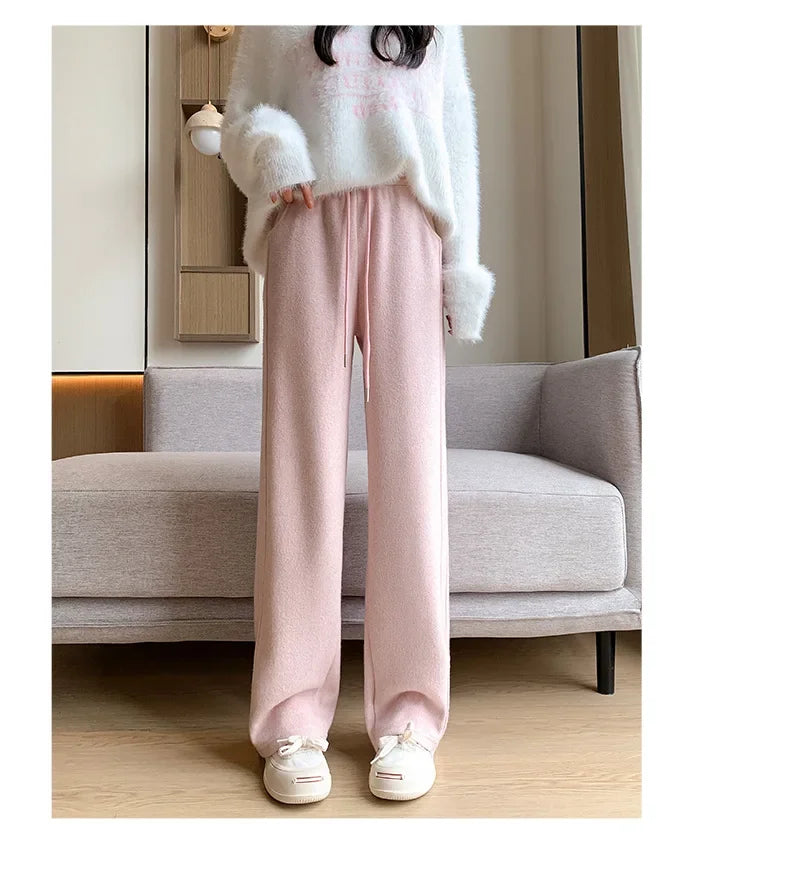 Women's Winter Thickened Fleece-lined Bell Bottoms Casual Straight-leg Pants High-waisted Draped Rice Cake Trousers New Model