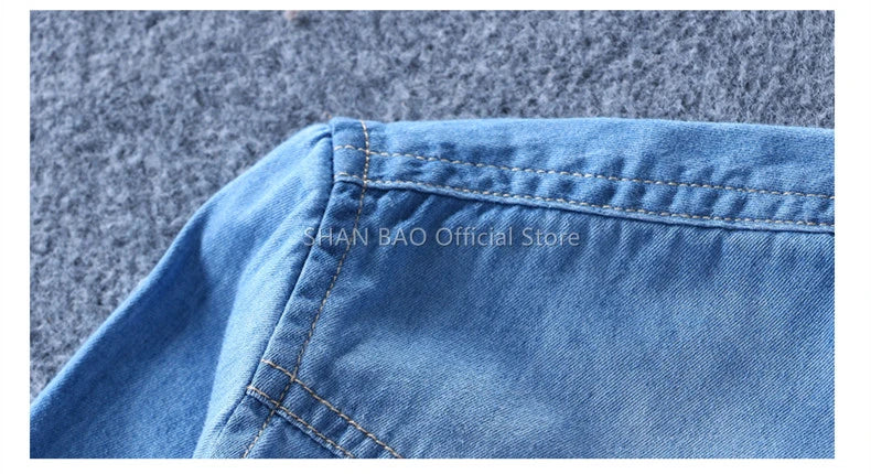 SHAN BAO classic brand double pocket button 100% cotton denim shirt 2022 spring high quality men's slim long-sleeved shirt