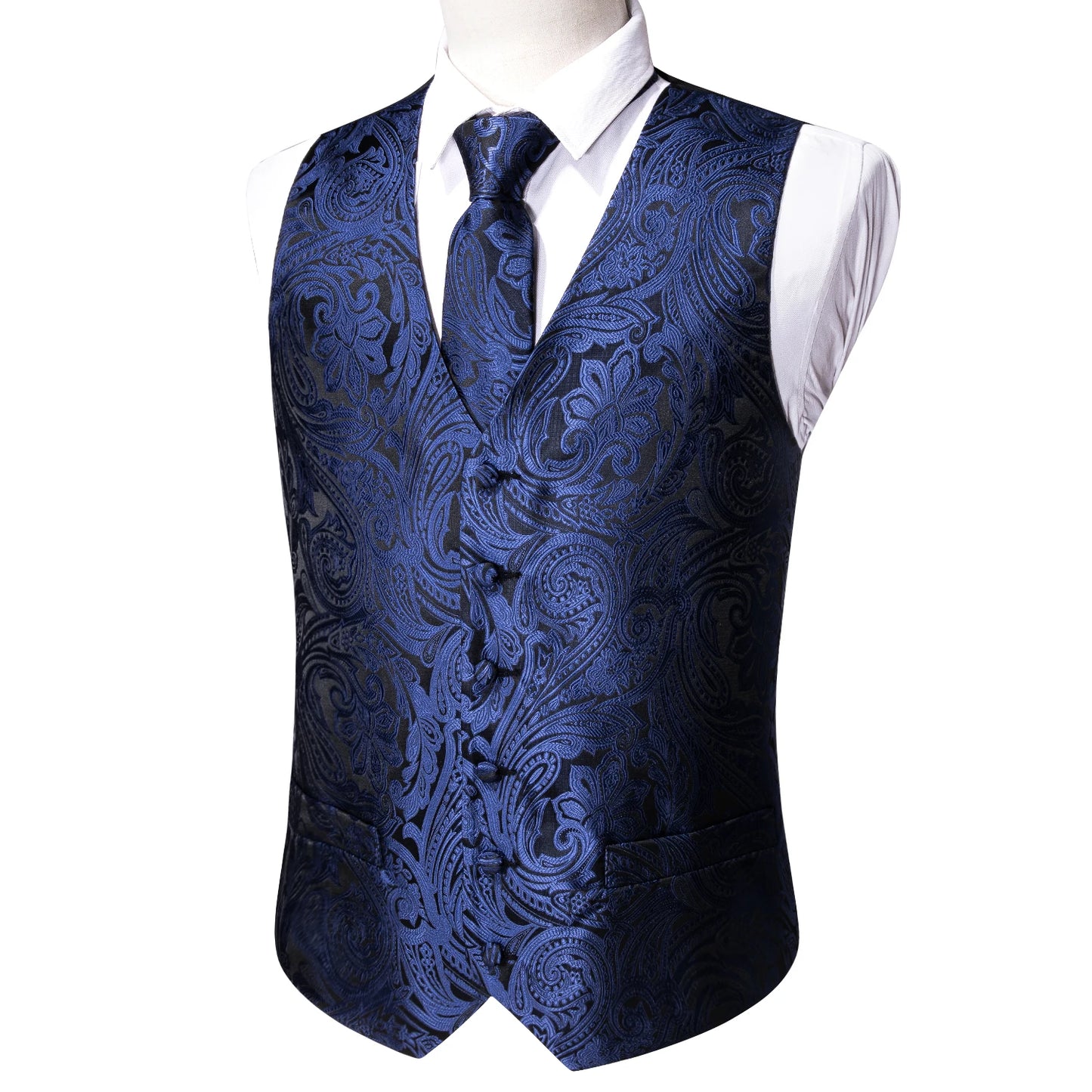 Sky Navy Royal Teal Blue Silk Men Vest Tie Hanky Cufflink Set Woven Waistcoat Sleeveless Jacket Male Wedding Business Barry.Wang