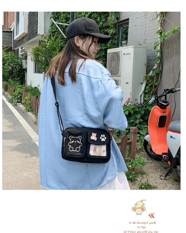 Canvas Small Bag Japanese ins Women Shoulder Bag Cute Funny Personality Embroidery Bear Girl Student Transparent Messenger Bag