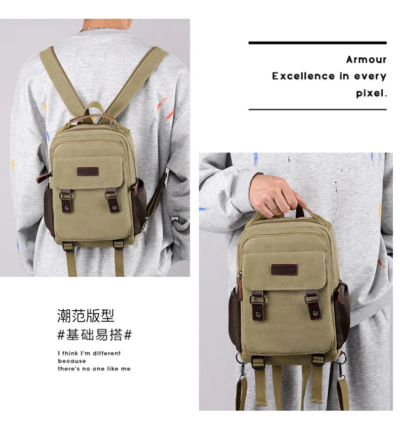 Small Mens Backpack Canvas Casual Backpacks for Men 2024 Mini Male School Bag Rucksack Man Multi-function Crossbody Bag Travel