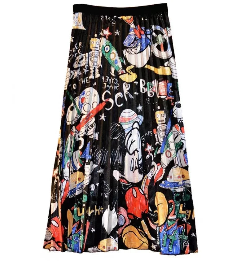 Disney Women Pleated skirt Mickey Mouse New Cartoon Print Long Skirts Women Young Girl street styl Large Size Female Falda Y2K