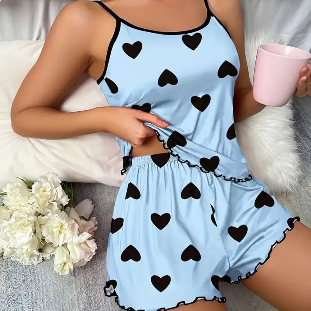 Women Satins Pajamas Set Cute Sexy Soft Cozy Thin Type Casual Printed Camisole Sleepwear With Shorts For Home Wear Daily Wear