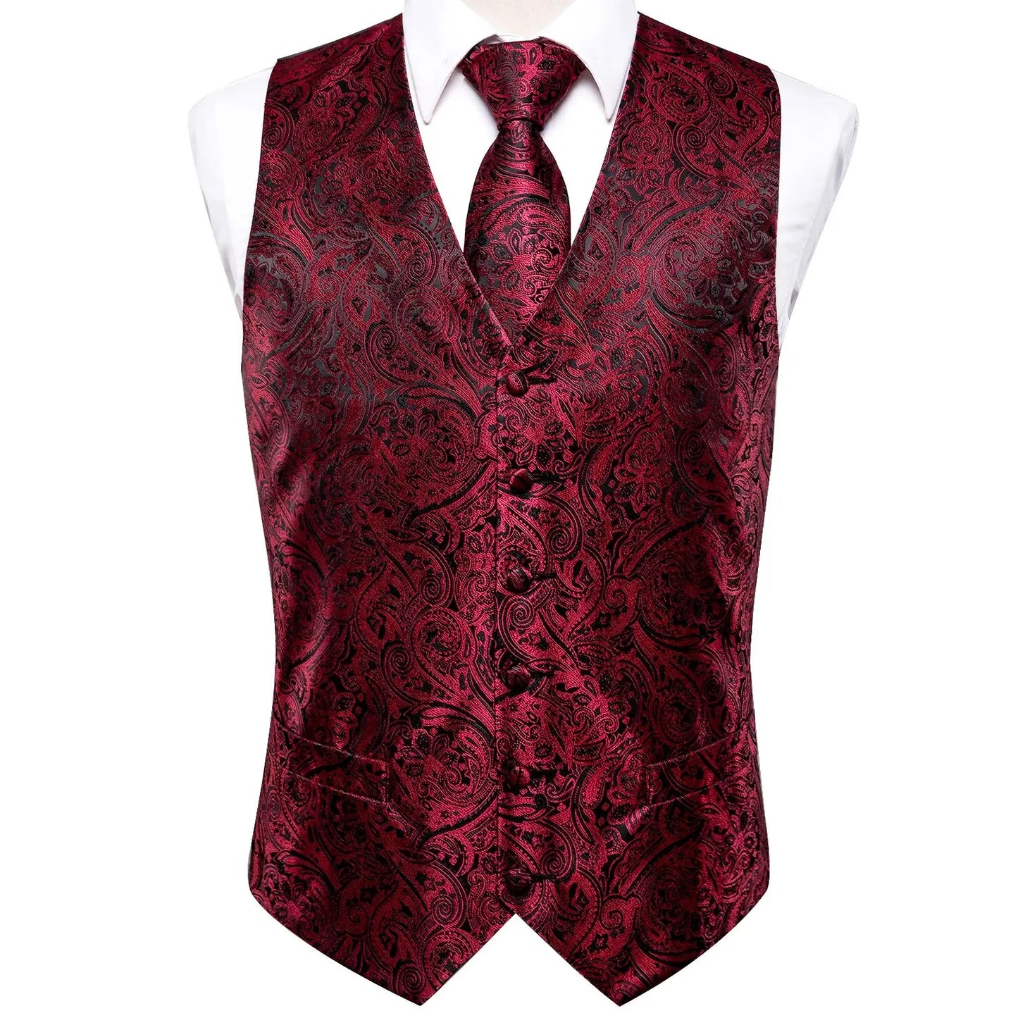 Hi-Tie 4PC Silk Men's Vest With Tie Hanky Cufflink Business Formal Dress Slim Sleeveless Jacket Burgundy Paisley Suit Waistcoat