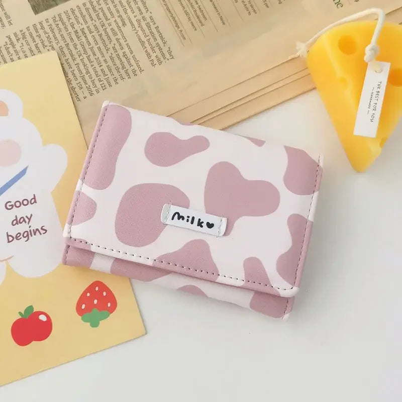 Women New Fashion Wallet Pu Leather Cartoon Cow Cattle Short Ladies Multi-card Slot Coin Purses Student Cute Triple Fold Wallet