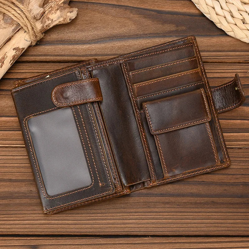 High Quality Genuine Leather Card Wallet Men Women RFID Genuine Leather Short Wallet Multi Cards Slots Button Man Purse