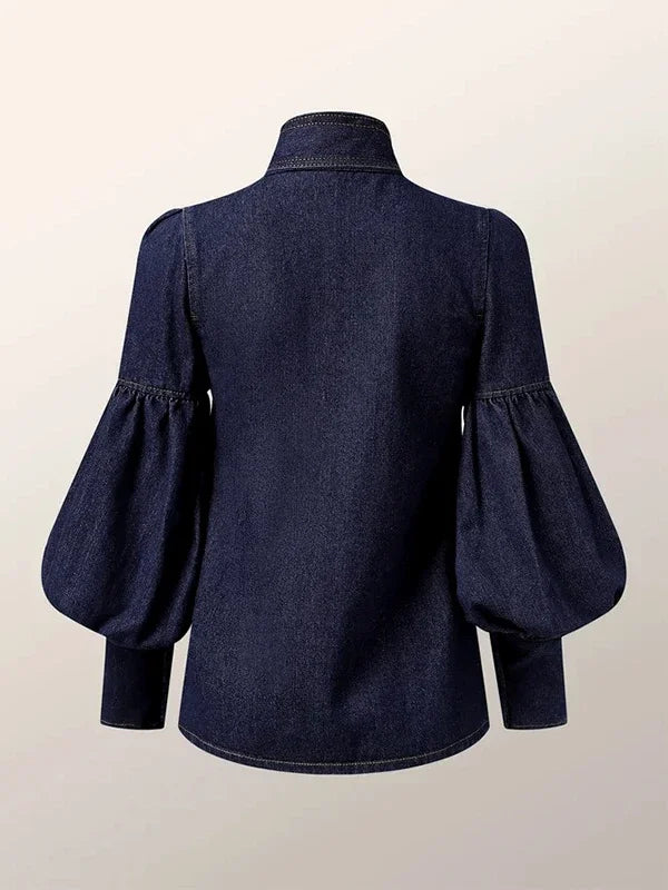 Gymystars New Trendy Imitation Denim Blouse Tops for Women Long Puff Sleeves Bow-Embellished High Neck Women's Autumn Shirts