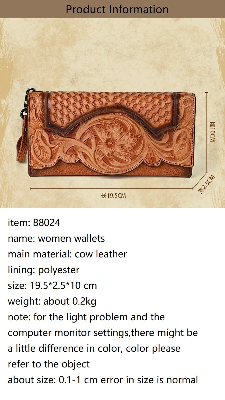 Floral Genuine Leather Wallet Women Handmade Real First Layer Cow Leather Clutch Bag Large Female Card Holder Purse