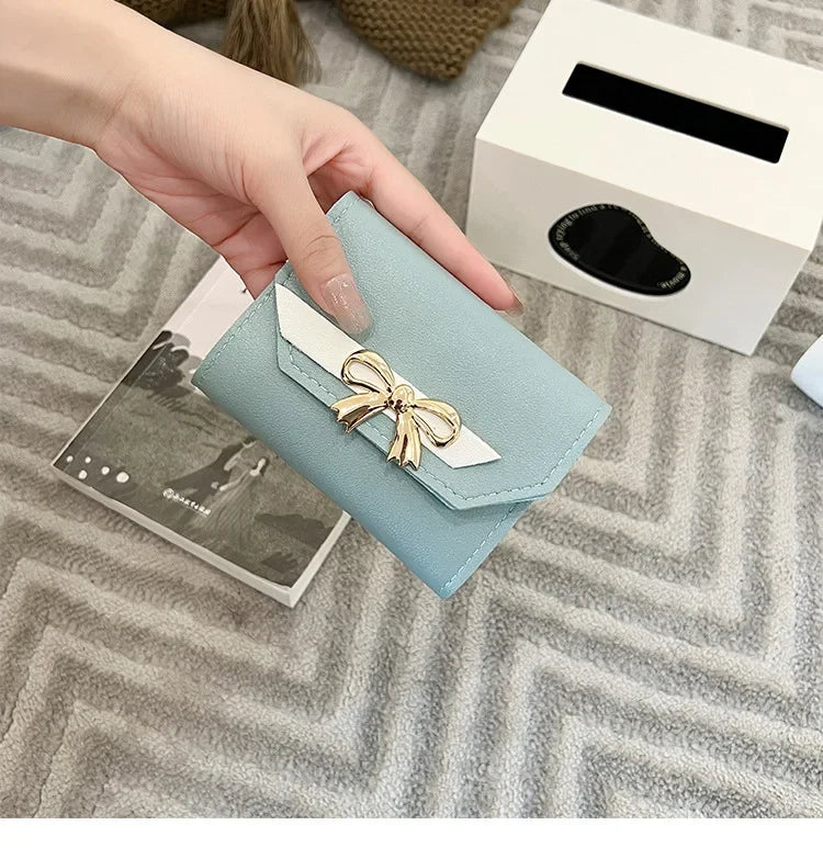 Women Wallet Foldable Portable Ladies Short Coin Purses Fashion Cute Bow Clutch Bag PU Leather Quality Female Card Holder Purse