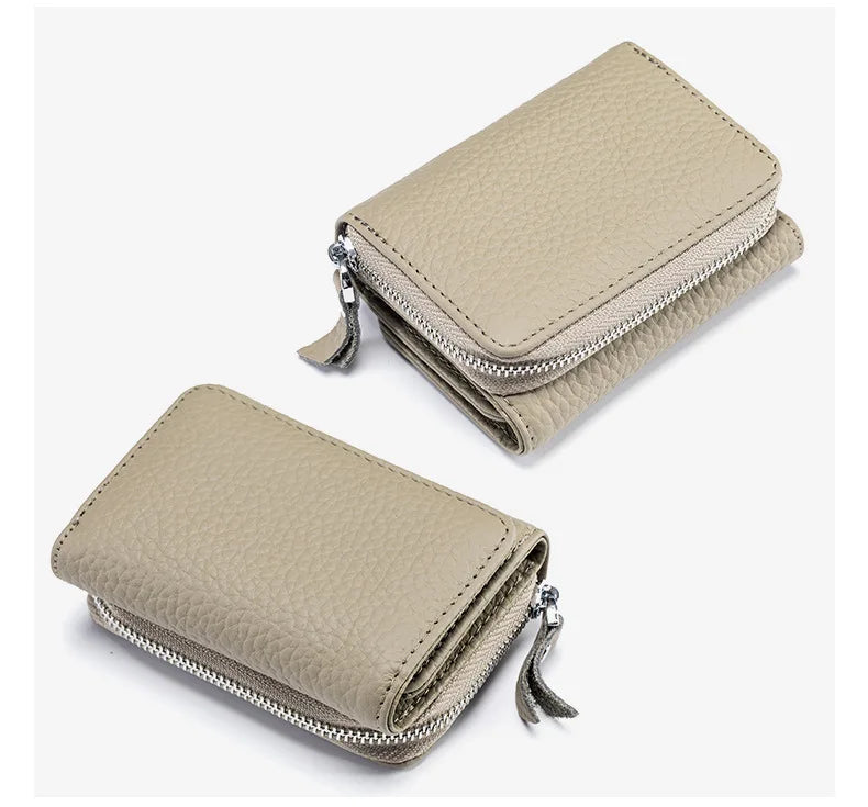 Genuine Leather RFID Short Wallets Card Holder Bag Portable Cowhide Small Zipper Money Coin Purse For Men Women Earphone Pouch