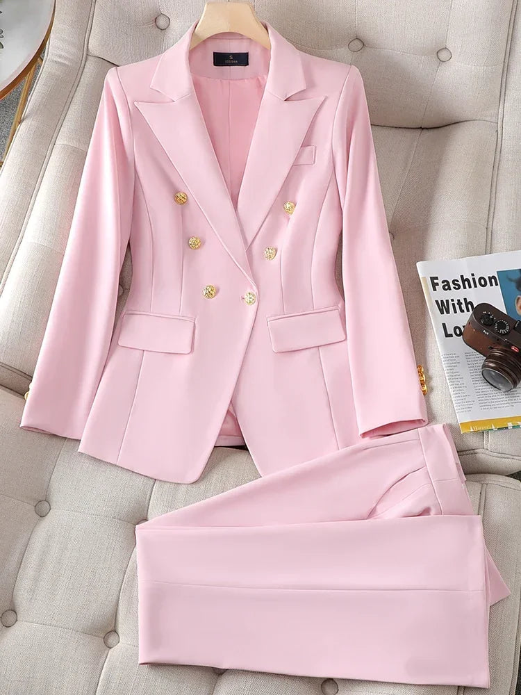 Button Decoration Formal Jacket Blazer and Trouser 2 Piece Set Fashion Pink Green Black Ladies Work Wear Pant Suit Women