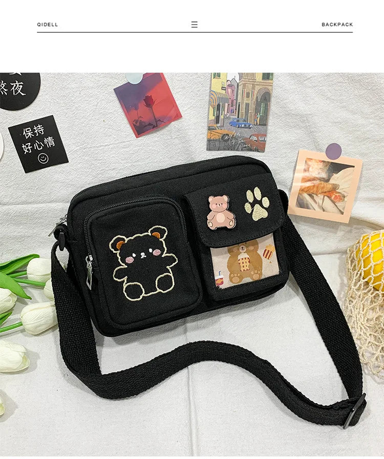 Canvas Small Bag Japanese ins Women Shoulder Bag Cute Funny Personality Embroidery Bear Girl Student Transparent Messenger Bag