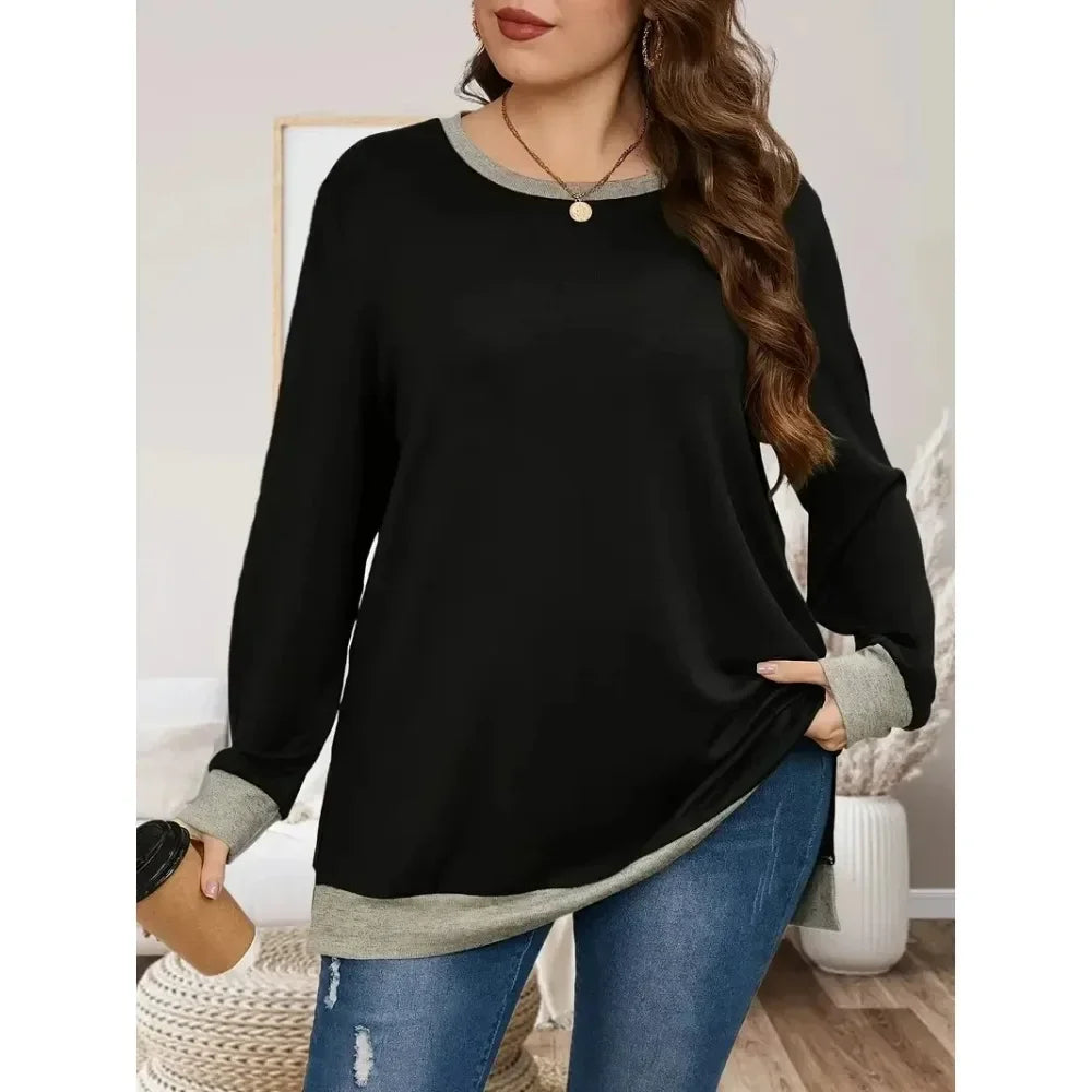 Women's XL-5XL Plus  Size Casual Color Blocking Long-sleeved T-shirt Pullover Fashion Crew-neck Sweatshirt Top