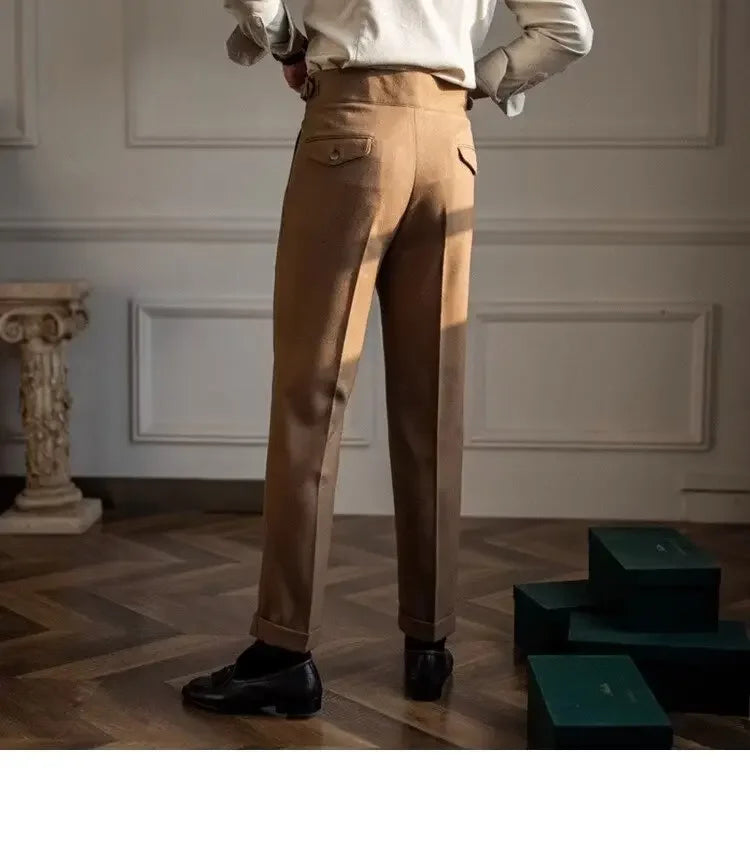 Spring Autumn White Men's Trousers Business Casual Cropped Pants Paris Button Trendy Italian Style