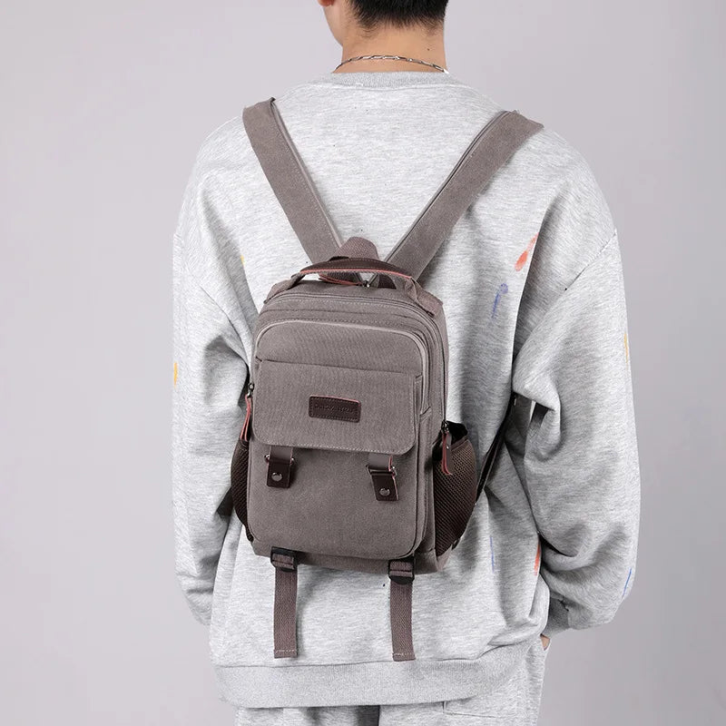 Small Mens Backpack Canvas Casual Backpacks for Men 2024 Mini Male School Bag Rucksack Man Multi-function Crossbody Bag Travel