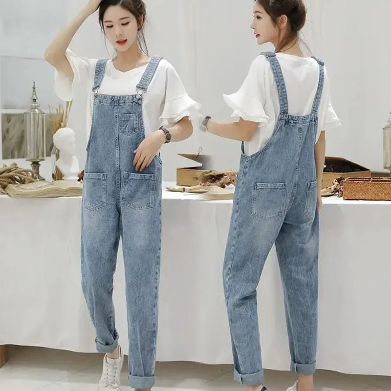 Biyaby Washed Denim Jumpsuit Women Casual High Waist Blue Wide Leg Pants Female 2024 Spring Korean Loose Pockets Jean Overalls