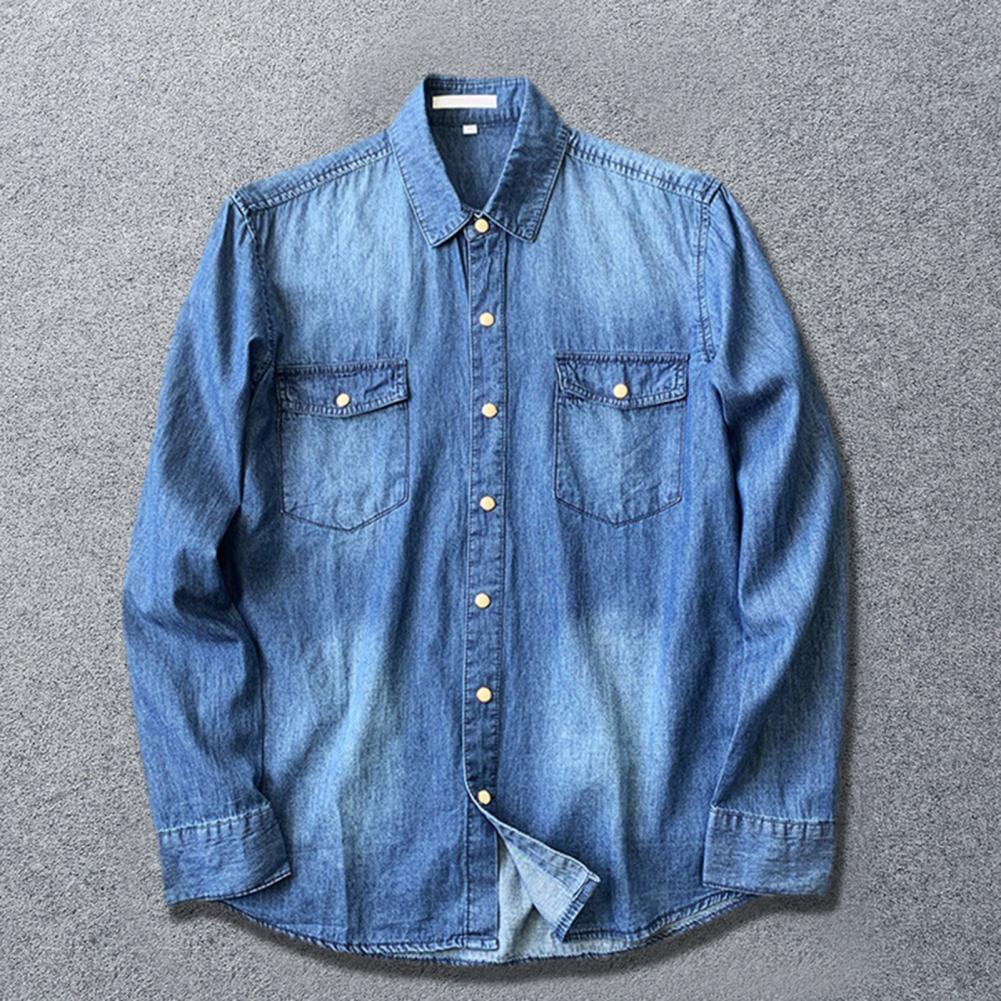 Men's Long-sleeved Solid Denim Shirt Fashion Classic Retro Denim Pocket Decoration Business Shirt Spring And Autumn Tops