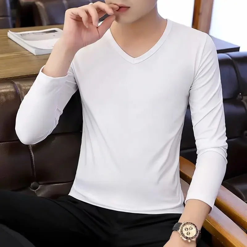 Men's Long Sleeve Black V-neck Base Layer T-shirt Solid Color Autumn Innerwear Thin Style Comfortable Men's Top