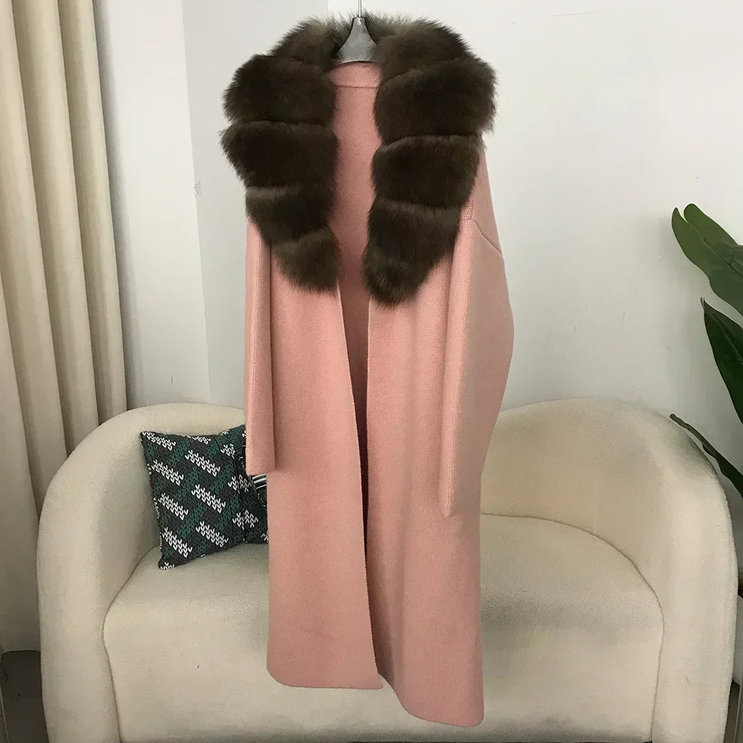 2024 Natural Fox Fur Collar Jacket Spring Autumn Real  Sweater Fur Coat Women Belt Long Loose Thick Warm Outerwear Knitting Coat