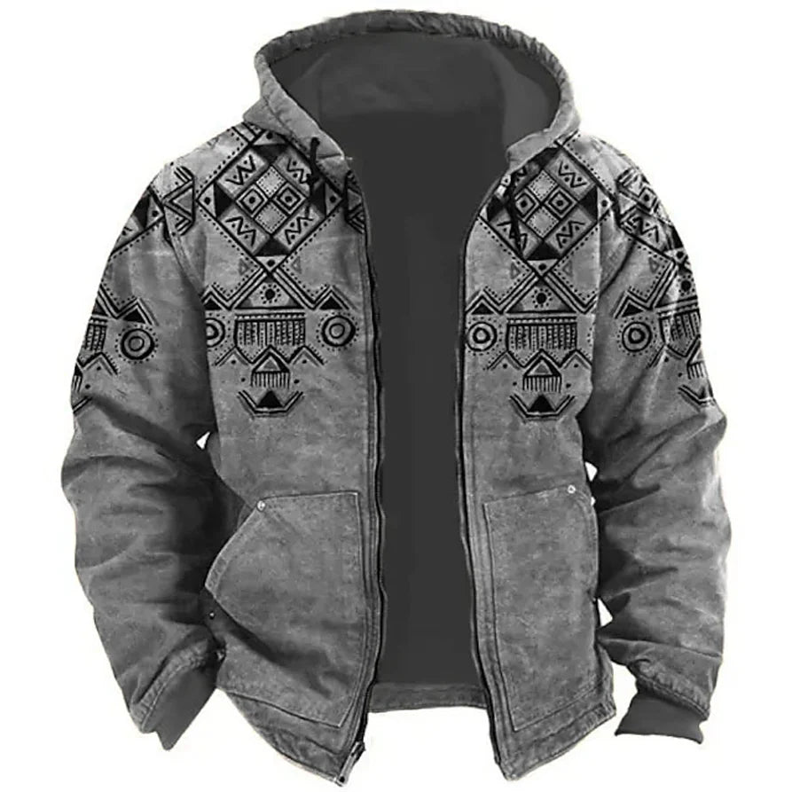 Vestes d'hiver pour hommes Vintage Polaire Manteaux pour hommes Imprimé Amazigh Rembourrage chaud Sweats à capuche Parkas lourds Vêtements d'extérieur Chamarras Para Hombre