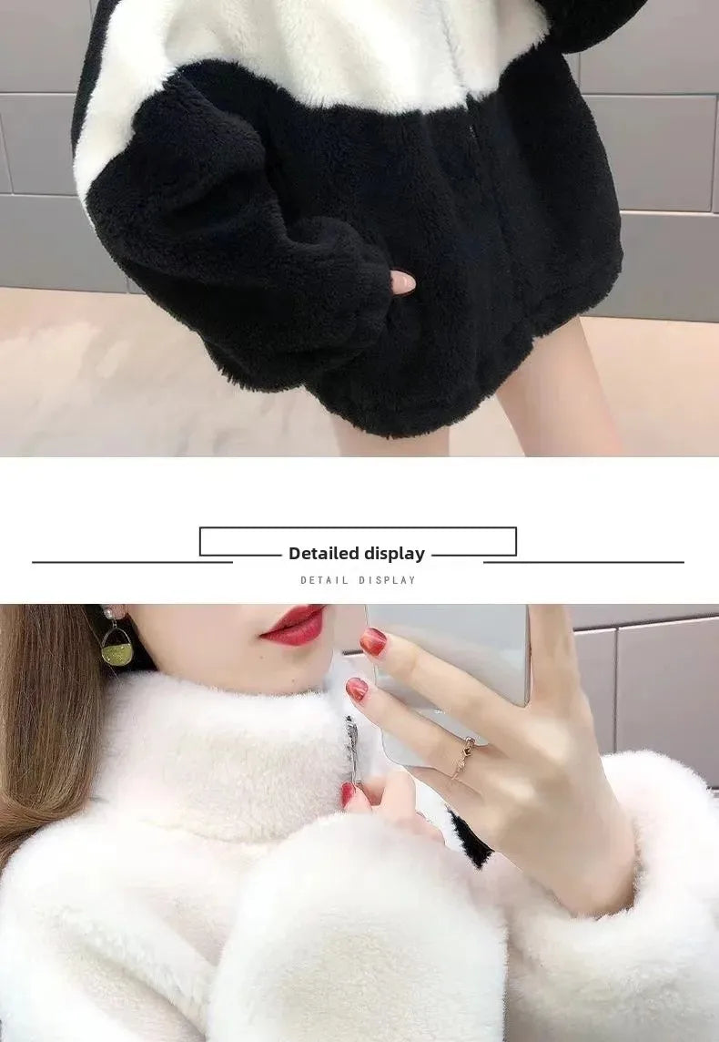 2024 Spring New Women's Thickened Stylish Double-sided Fleece Zipper Jacket Integrated Sweatshirt Long Hair Velvet Hoodies