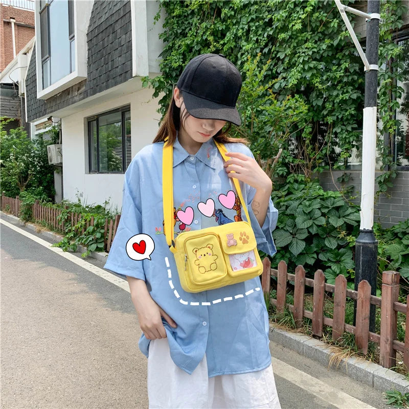 Canvas Small Bag Japanese ins Women Shoulder Bag Cute Funny Personality Embroidery Bear Girl Student Transparent Messenger Bag