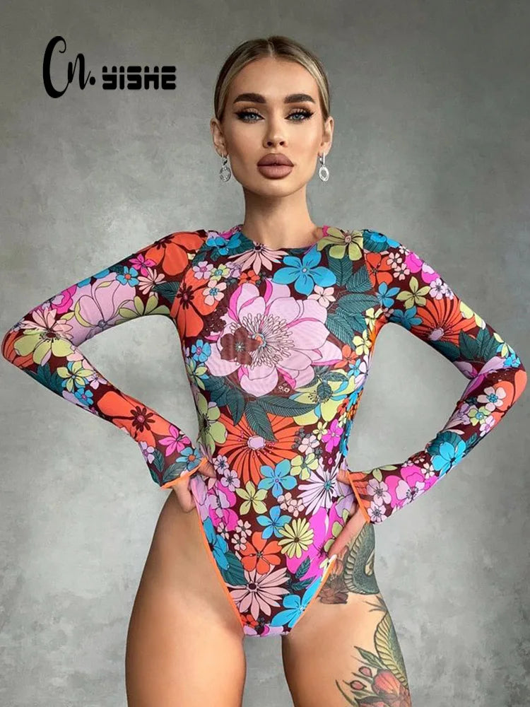 CNYISHE Flower Print Sexy Club Women Bodysuits Long Sleeve Fashion Jumpsuits O Neck Streetwear Party Sheath Female Rompers Tops