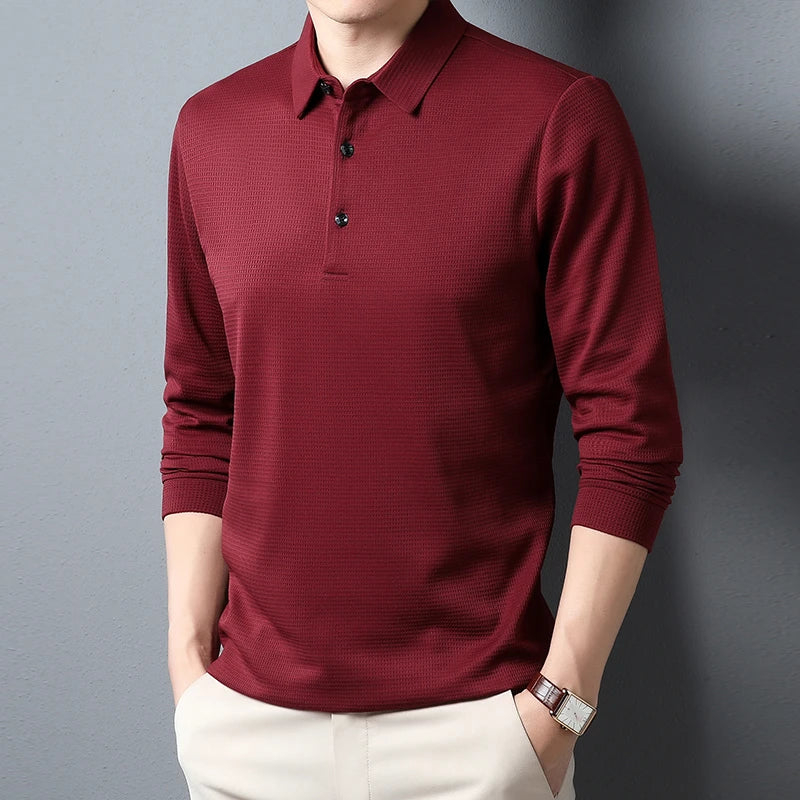 Men's Business Casual Polo Long Sleeve T-shirt Summer Comfortable  Solid Cotton Top