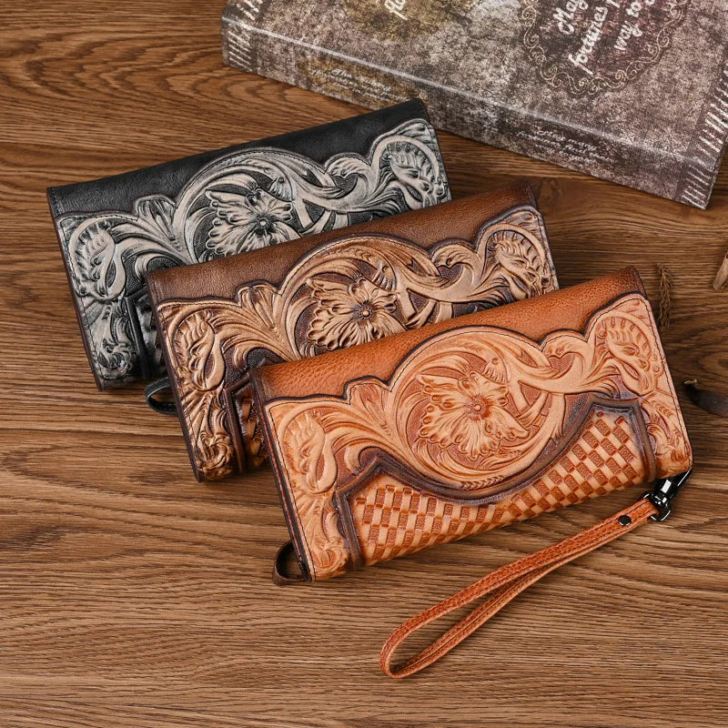 Floral Genuine Leather Wallet Women Handmade Real First Layer Cow Leather Clutch Bag Large Female Card Holder Purse