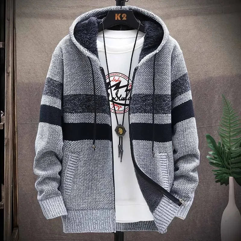 Customized Striped Mens Sweater Coat Thick Fleece Warm Zipper Wool Hooded Cardigan Jumpers Men Long Sleeve Knitted Sweaters