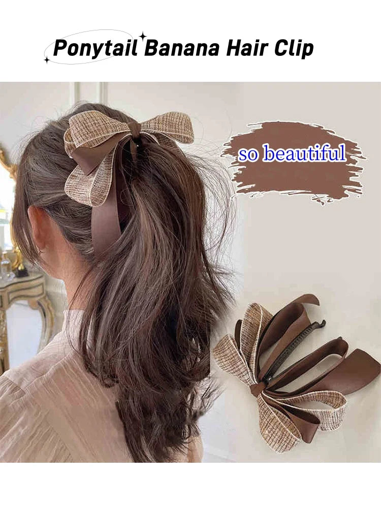 Women's Banana Hair Clip Retro Back of The Head Vertical Hair Clip Elegant Bow Ponytail Headwear Hair Barrette Hairpin