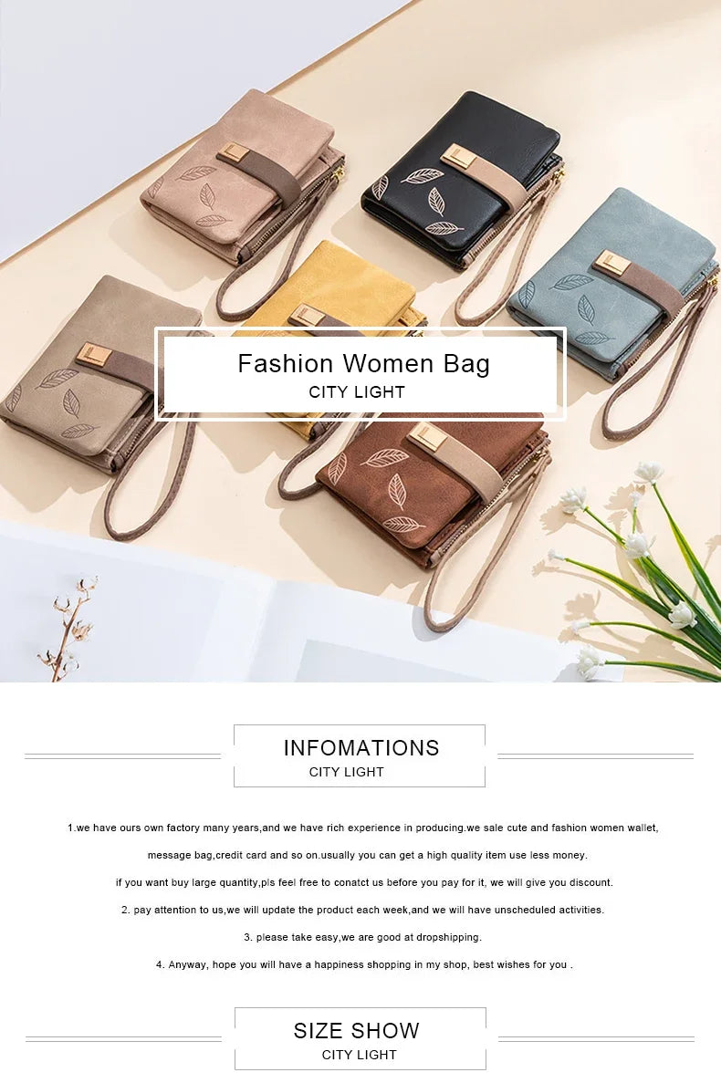 Fashion Female Wallet Short Leaf Print Purse Women Small Nubuck Leather Purse with Wrist Strap