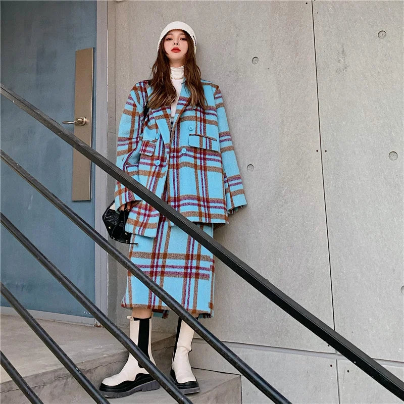 Checkered Suit Jacket for Women's Autumn/Winter 2024 Hong Kong Style Retro Small Fragrant Half Skirt Two-piece Set Trendy Trendy