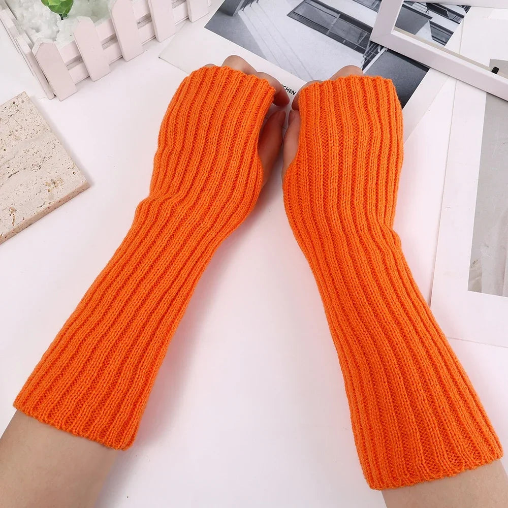 Women Knitted Arm Warmer Long Fingerless Gloves Mitten Winter Y2K Solid Arm Sleeve Fashion Casual Soft Girls Clothes Punk Gloves