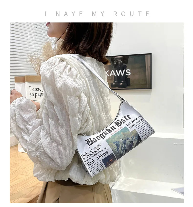 Fashion Women Newspaper Letter Printing PU Leather Shoulder Underarm Bag Casual Ladies Small Purse Buckle Handbag Messenger Bags