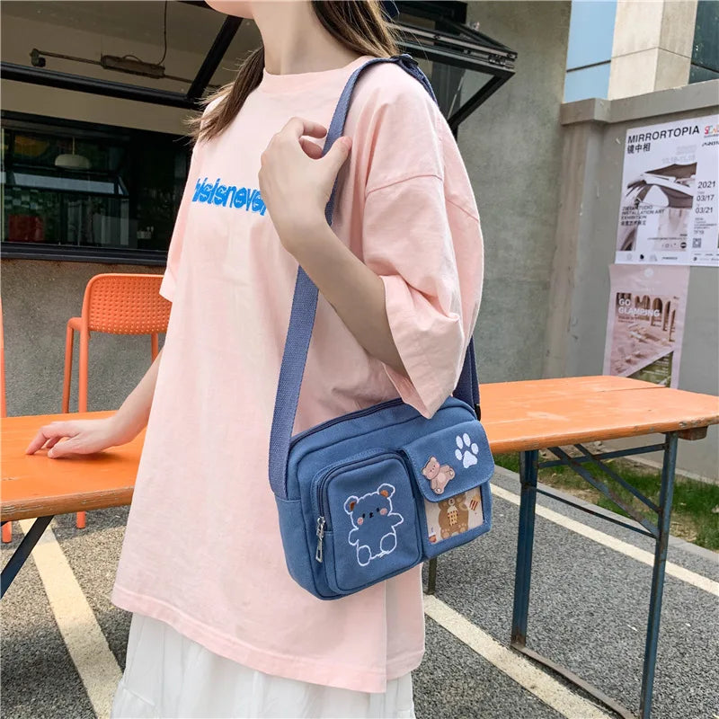 Canvas Small Bag Japanese ins Women Shoulder Bag Cute Funny Personality Embroidery Bear Girl Student Transparent Messenger Bag