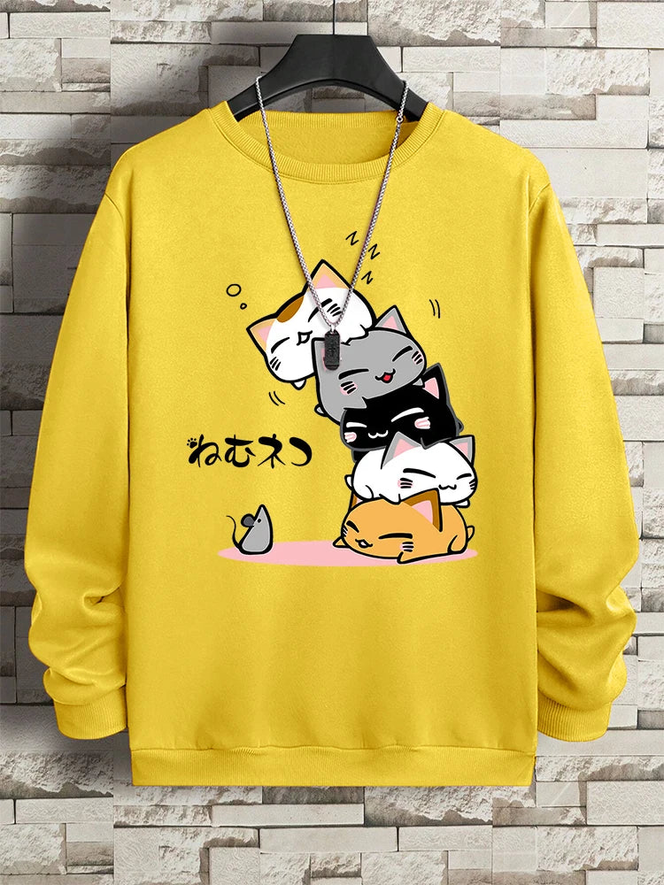 Cute Stacked Cats Sleep Clothing Man Hoody Hip Hop O-Neck Sweatshirts Vintage Casual Loose Hoodies Autumn New Loose Clothes