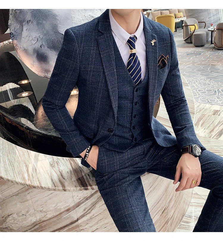 High Quality British Korean Modified Plaid Men (suit + Vest + Trousers) Stylish and Handsome Business Casual Three-piece Suit