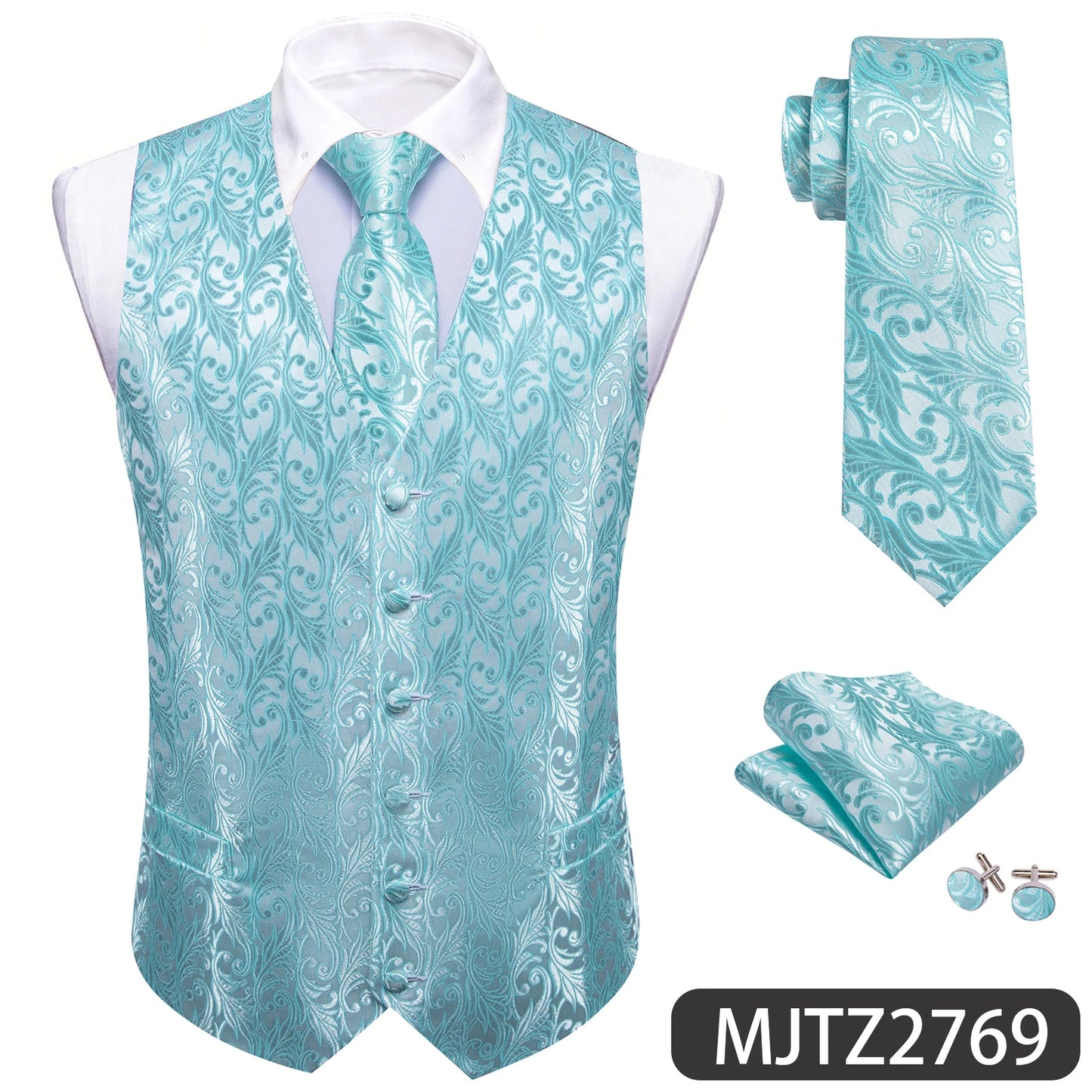 Sky Navy Royal Teal Blue Silk Men Vest Tie Hanky Cufflink Set Woven Waistcoat Sleeveless Jacket Male Wedding Business Barry.Wang