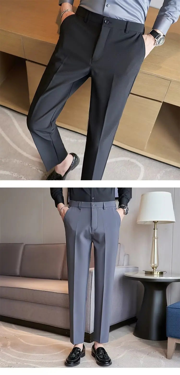 Men's Suit Pants Gray White Black Slim Business Casual Nine-point Pants Straight Plus Size Trousers Office Social Wedding