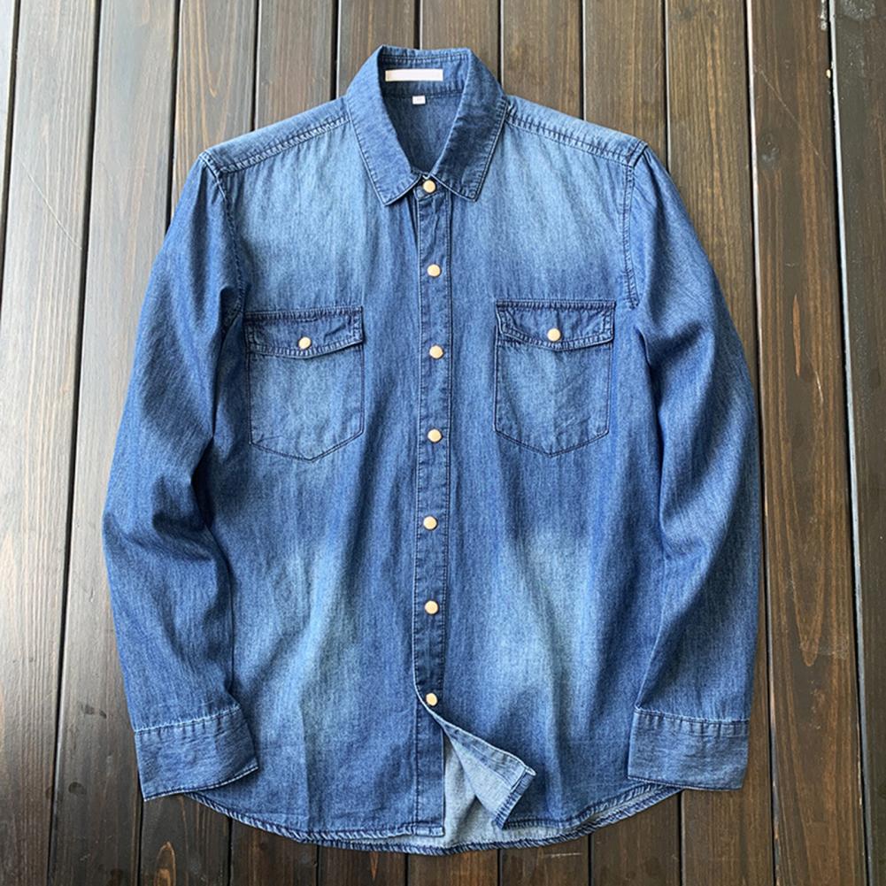 Men's Long-sleeved Solid Denim Shirt Fashion Classic Retro Denim Pocket Decoration Business Shirt Spring And Autumn Tops