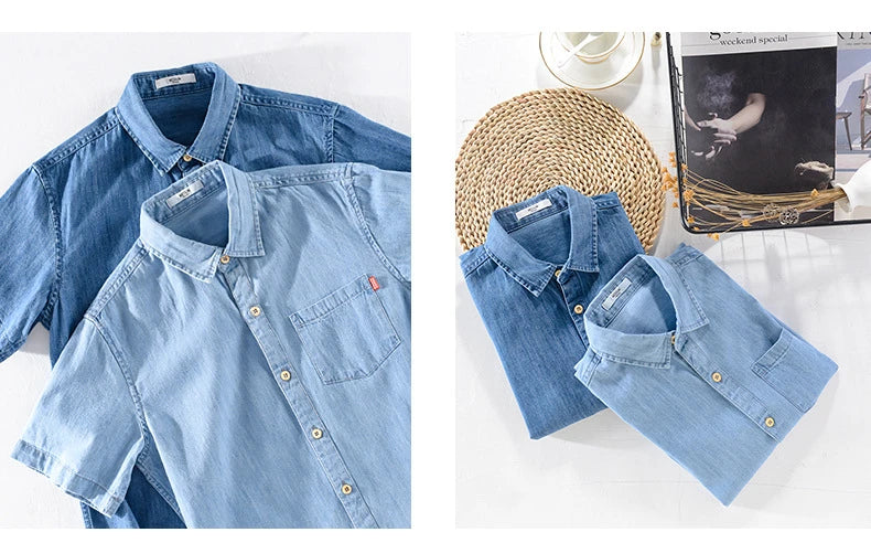 Men Denim Shirt , Thin Summer Half Sleeve Casual Top, Loose Trendy Handsome Short Sleeve ，Camping Denim Short Sleeve Jacket