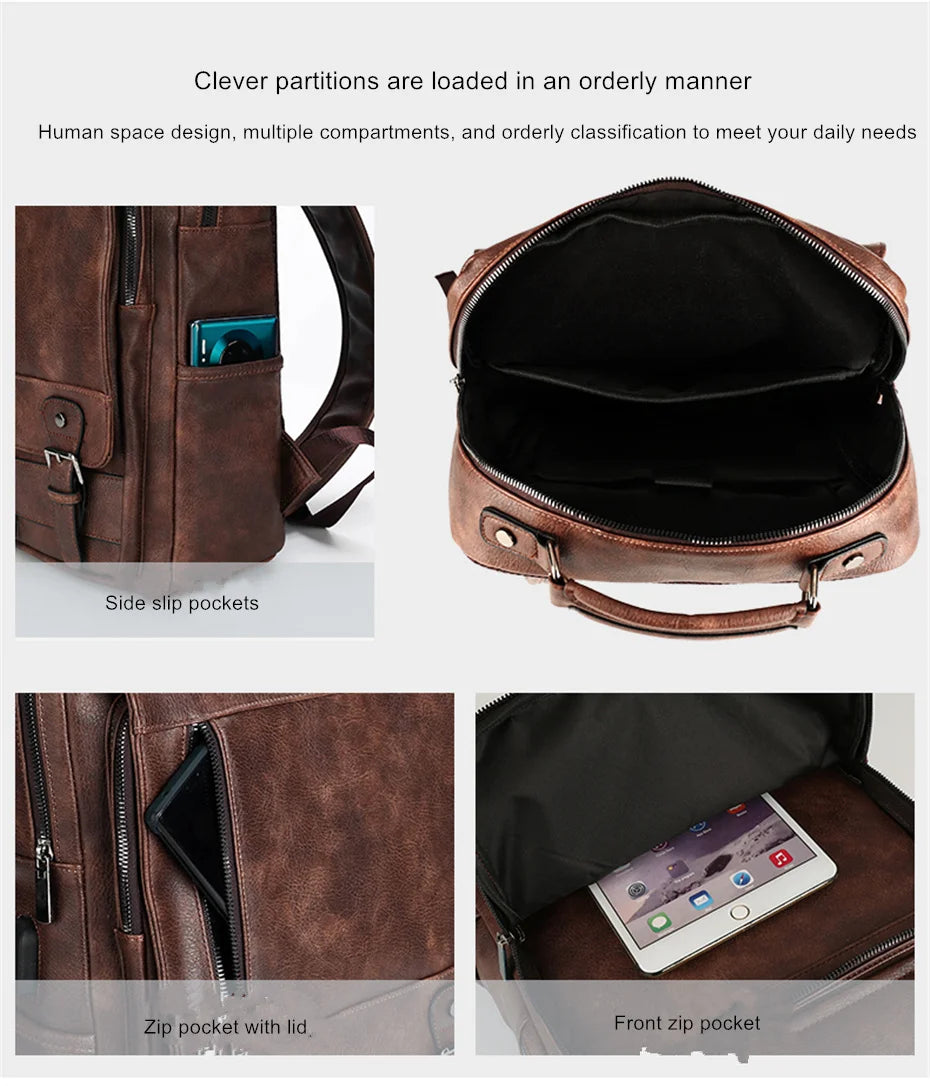 JEEP BULUO Fashion Leather Men Backpack Business Male 15.6" Laptop Bag Daypacks Large Capacity Travel College School Bag