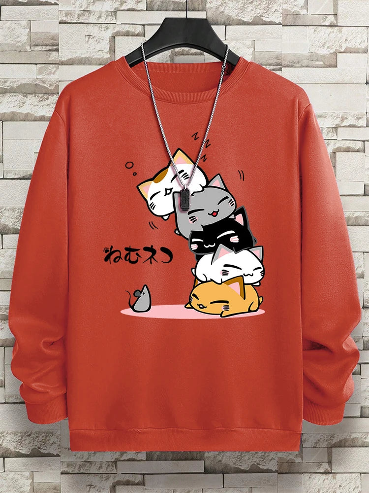 Cute Stacked Cats Sleep Clothing Man Hoody Hip Hop O-Neck Sweatshirts Vintage Casual Loose Hoodies Autumn New Loose Clothes