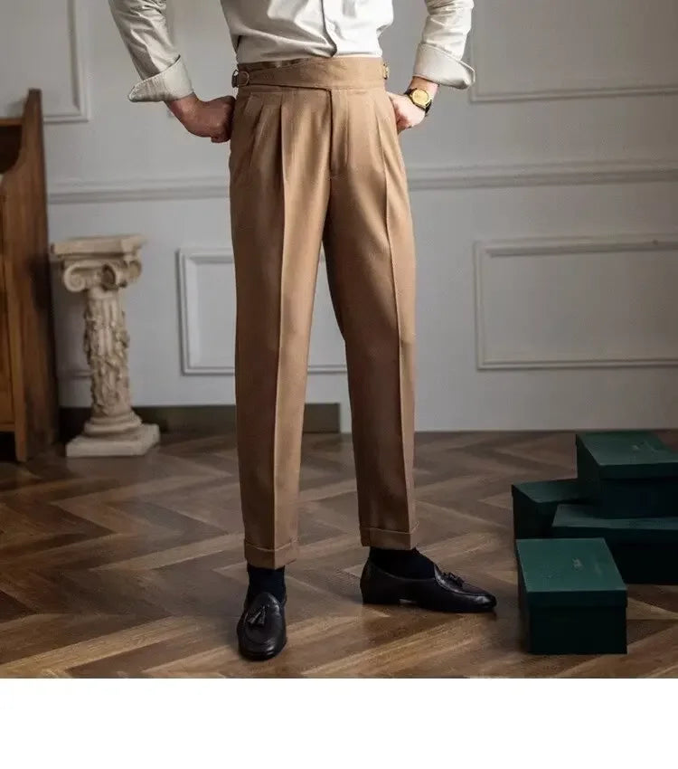 Spring Autumn White Men's Trousers Business Casual Cropped Pants Paris Button Trendy Italian Style