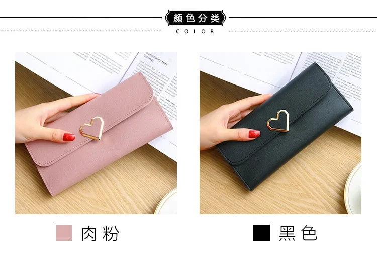 2024 Women Tri-Fold Wallet Metal Heart Pattern Girls Money Pocket Card Holder Luxury Designer Phone Clutch Fashion Card Holder