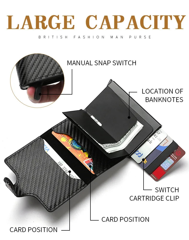 Carbon Fiber Credit Card Holder Wallet Men Rfid Smart Metal Thin Slim Pop Up Minimalist Wallet Small Black Purse Metal Vallet