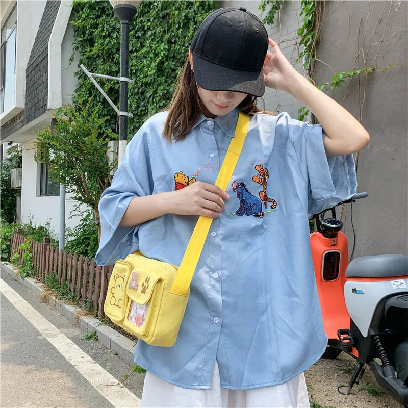 Canvas Small Bag Japanese ins Women Shoulder Bag Cute Funny Personality Embroidery Bear Girl Student Transparent Messenger Bag