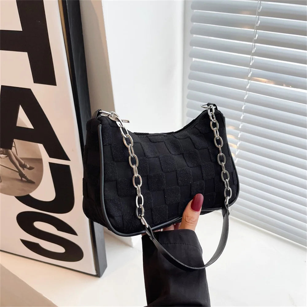 2023 New Fashion Women Handbags Canvas Underarm Chain Bag Casual Small Square Bag Simple Grid Women Shoulder Bags Female Clutch