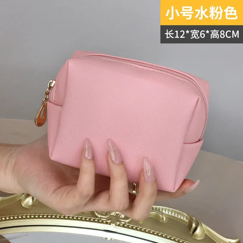 Women Cosmetic Bag Waterproof PU Leather Solid Color Small Makeup Pouch Travel Wash Toiletry Storage Bag Organizer Purse 2023